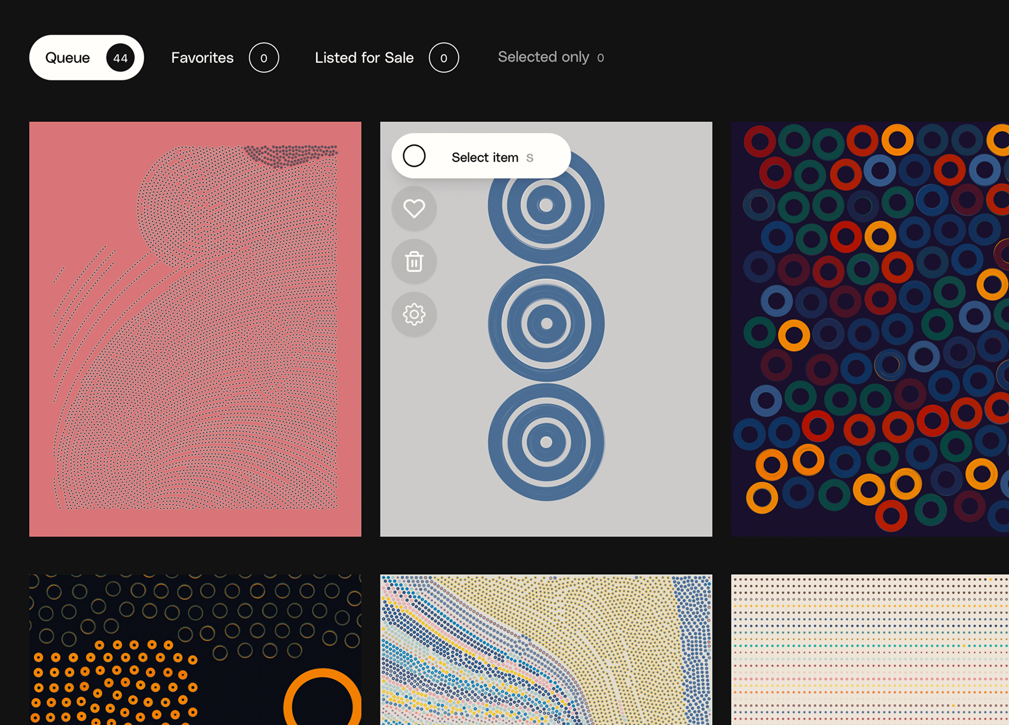 Hover over an image to select, favorite, delete, or use traits.