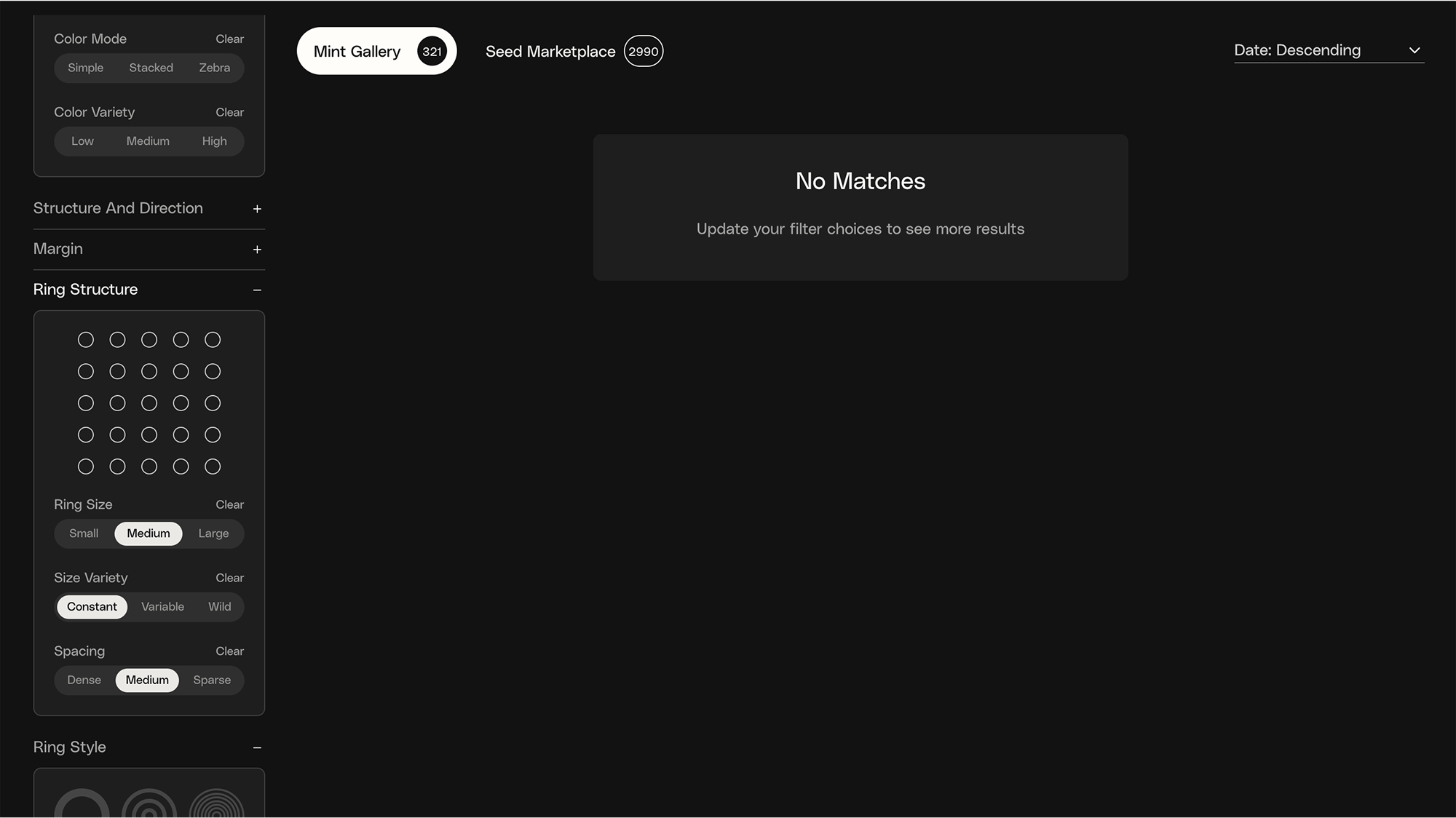 Many trait combinations have not been minted yet. In this case “Constant”, “Medium” ring size with “Medium” spacing.